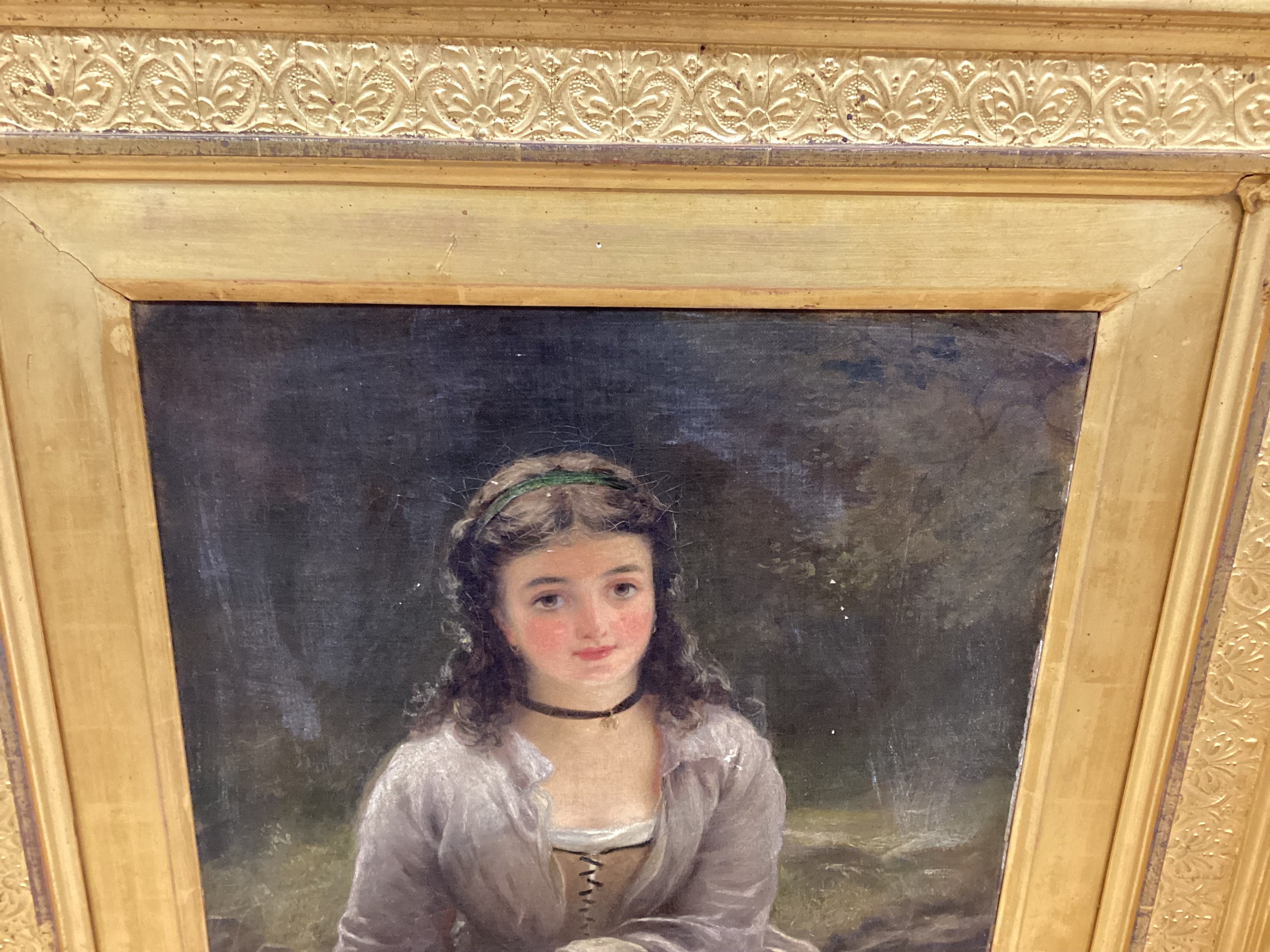 19th century School, oil on canvas, Three quarter length portrait of a seated lady, 42 x 32cm in ornate gilt frame